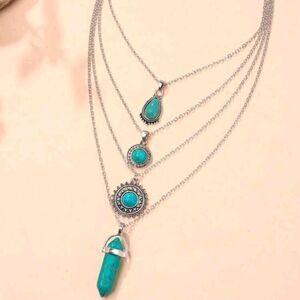 Silver Multi Layered Turquoise Pendant Necklace